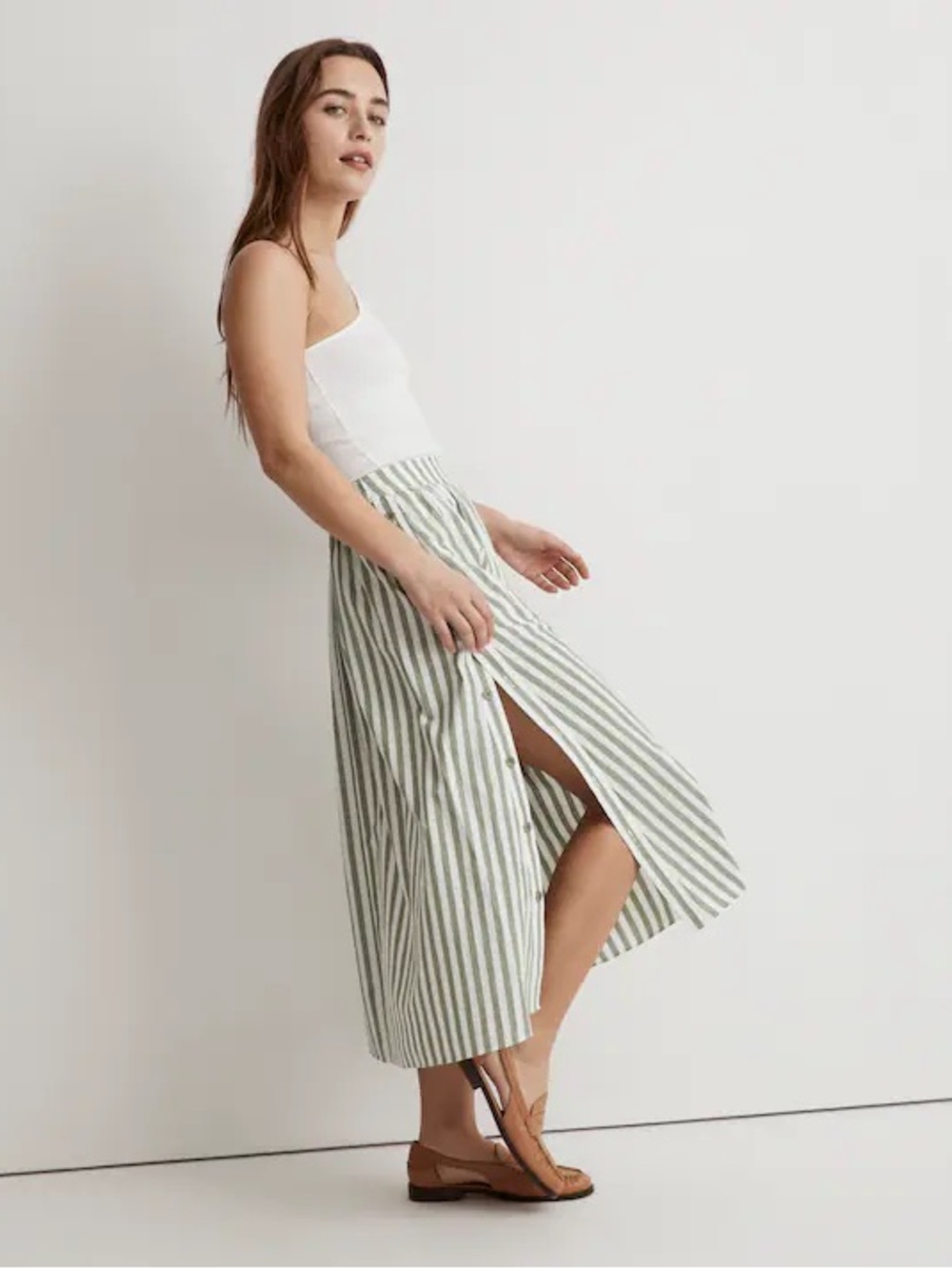 NWOT Madewell Signature Poplin Side-Button Midi Skirt in Stripe green